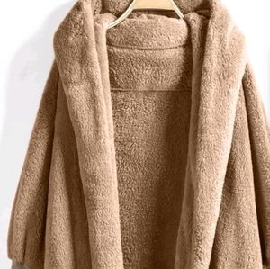 Hooded open front fluffy teddy coat